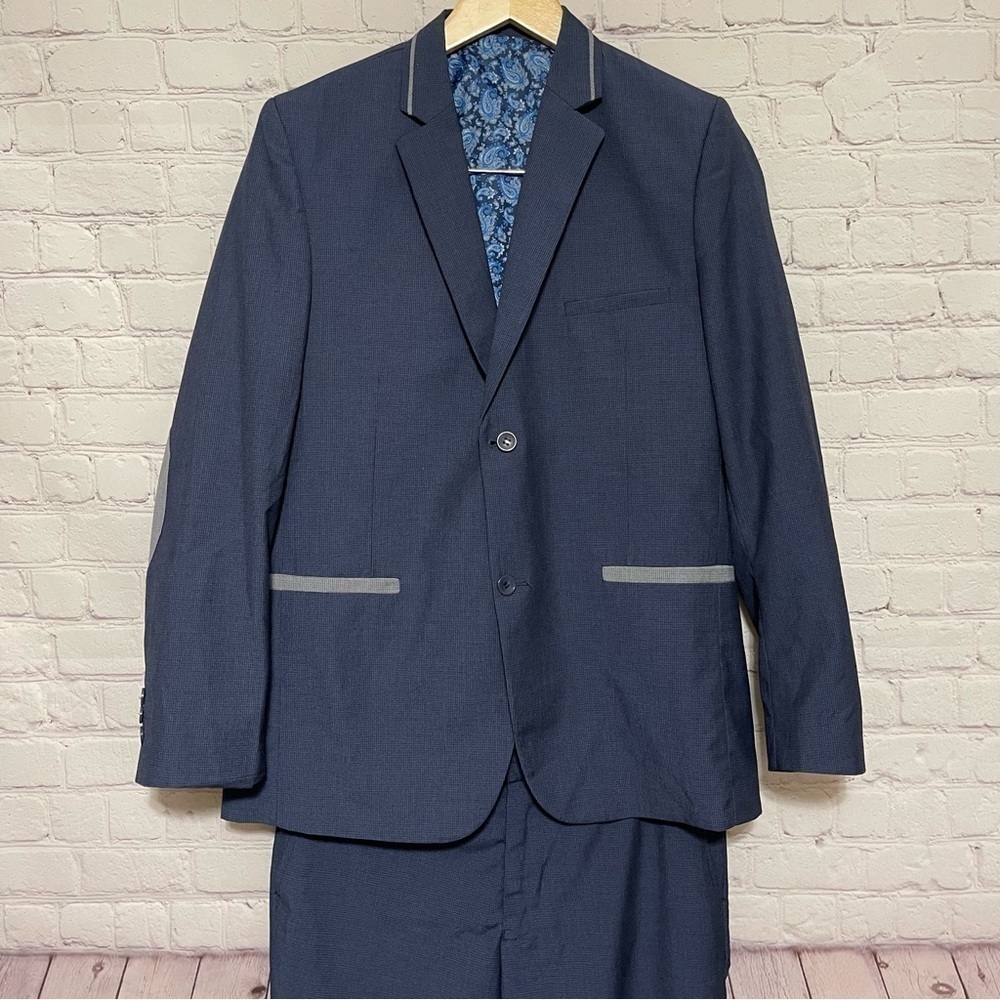 Tazio 3 Piece Skinny Fit Suit - Lightly Textured Blue/Gray Sz16 (teen)
